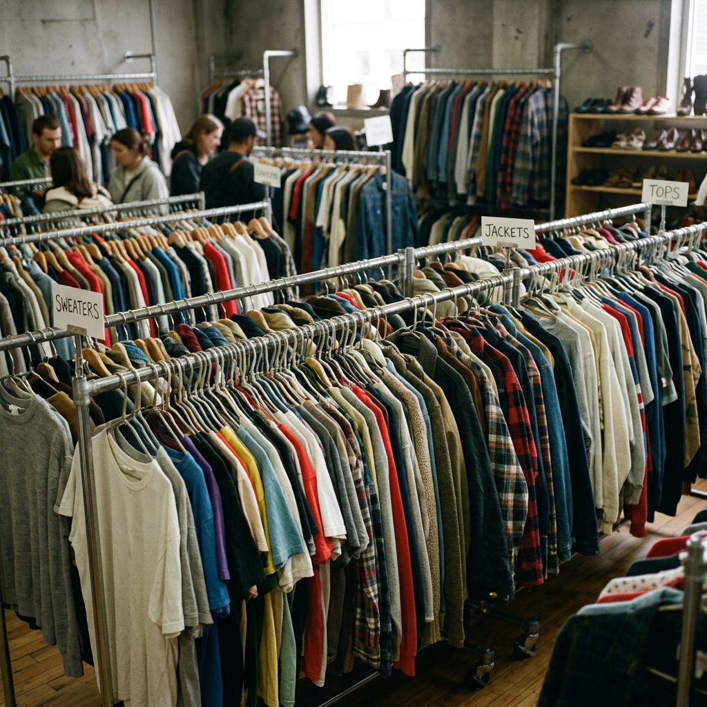 Thrift clothing on racks, no tags